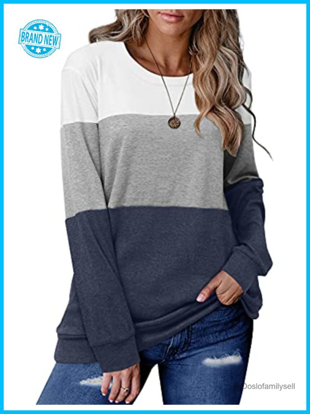 Womens Long Sleeve Crewneck Color Block Casual Loose Fit Sweatshirt Top